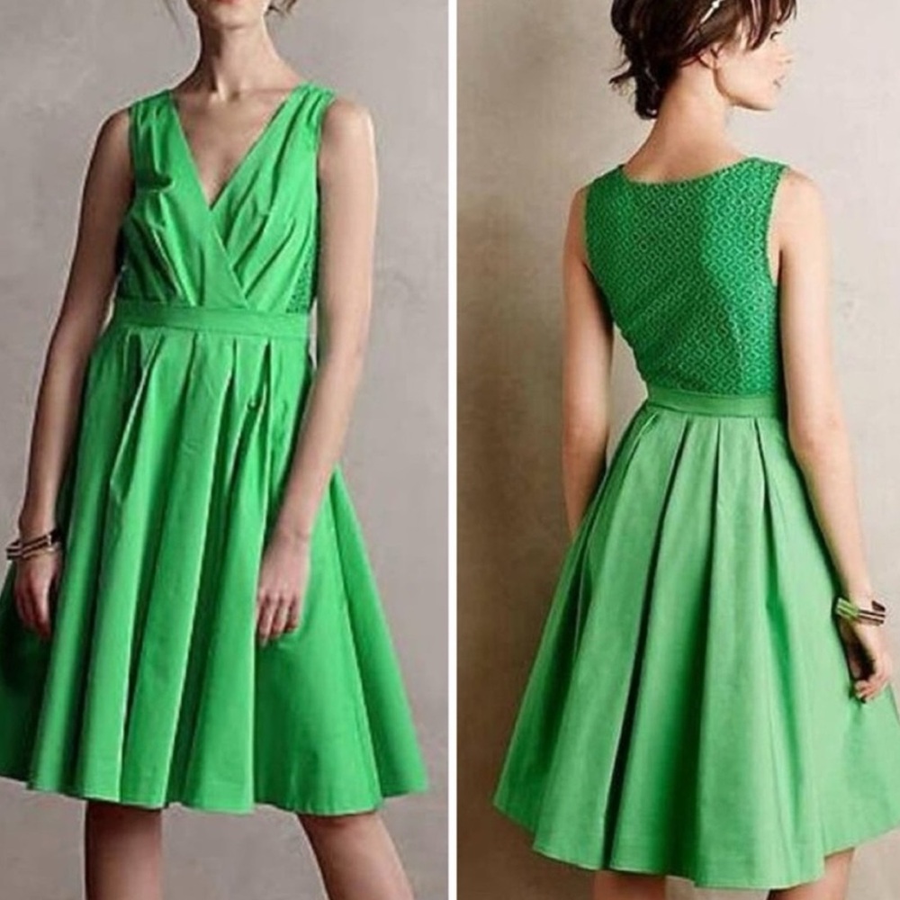 Anthropologie Colette Dinnigan Pleated Trellis Dress Green Fit & Flare